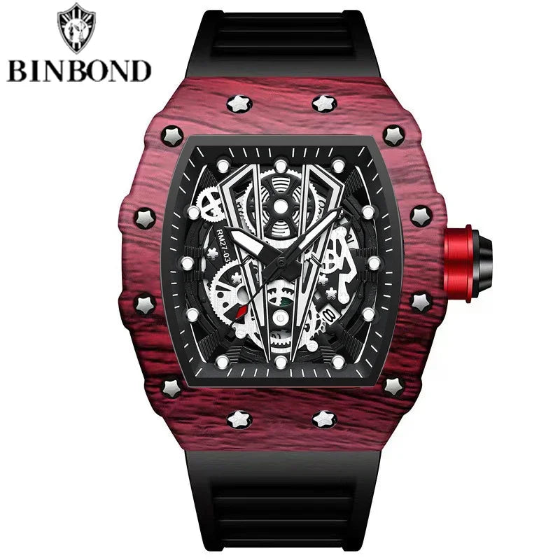 BINBOND Brand Men Watch Domineering Barrel Watch Curved Mirror Hollow Surface Sports Men Watch Silicone Quartz Wristwatch B8577