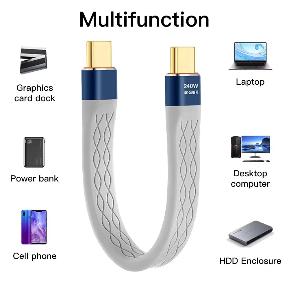 USB-C to USB-C 240W Short Cable Fast Charging Type-C Cord 40Gbps Data Transfer 8K Flat Slim FPC Data Charge Extension Cable ﻿