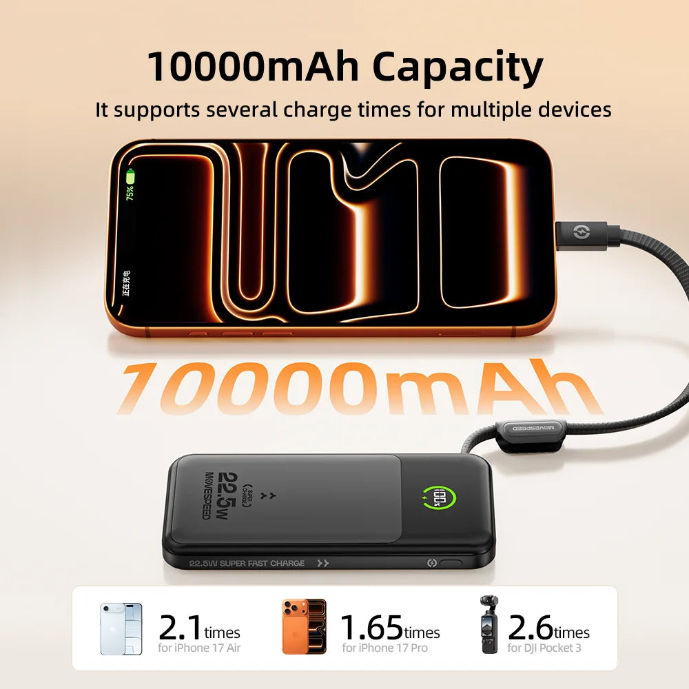 【CCC】MOVESPEED P19 Power Bank 10000mAh Built-in USB C Cable Powerbank LFP Battery External Charger for iPhone Xiaomi Samsung
