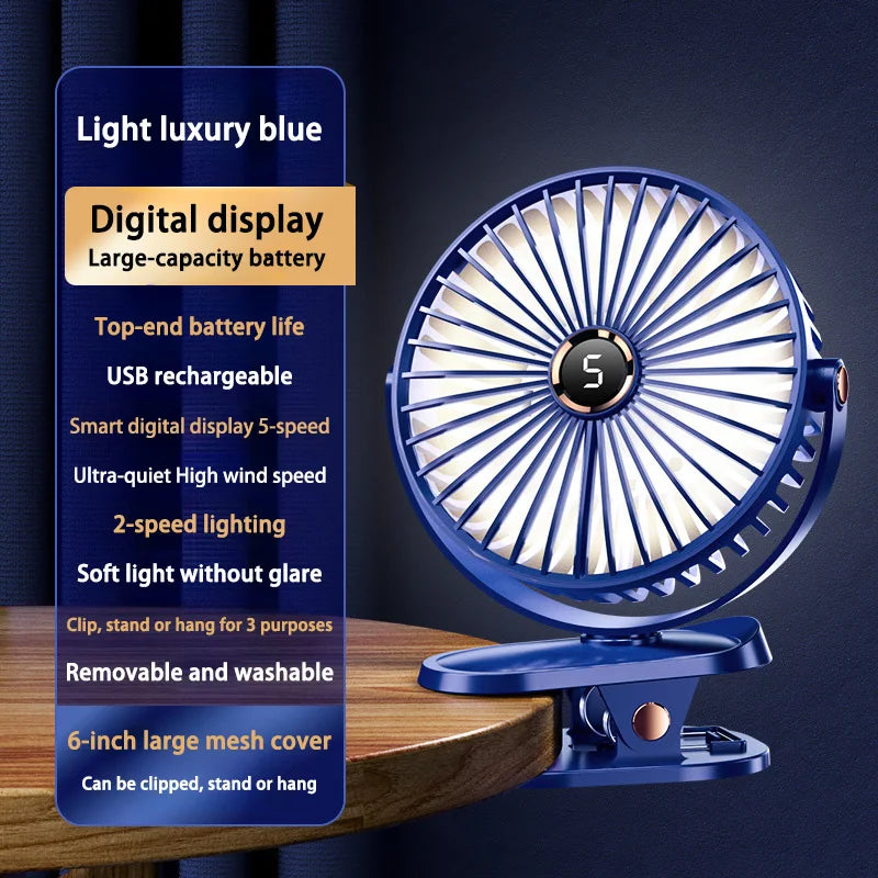 8000mAh Clip-on Fan 5 Speed Quiet Rechargeable Desktop Portable Air Circulator Wireless Fan With LED Light For Camping