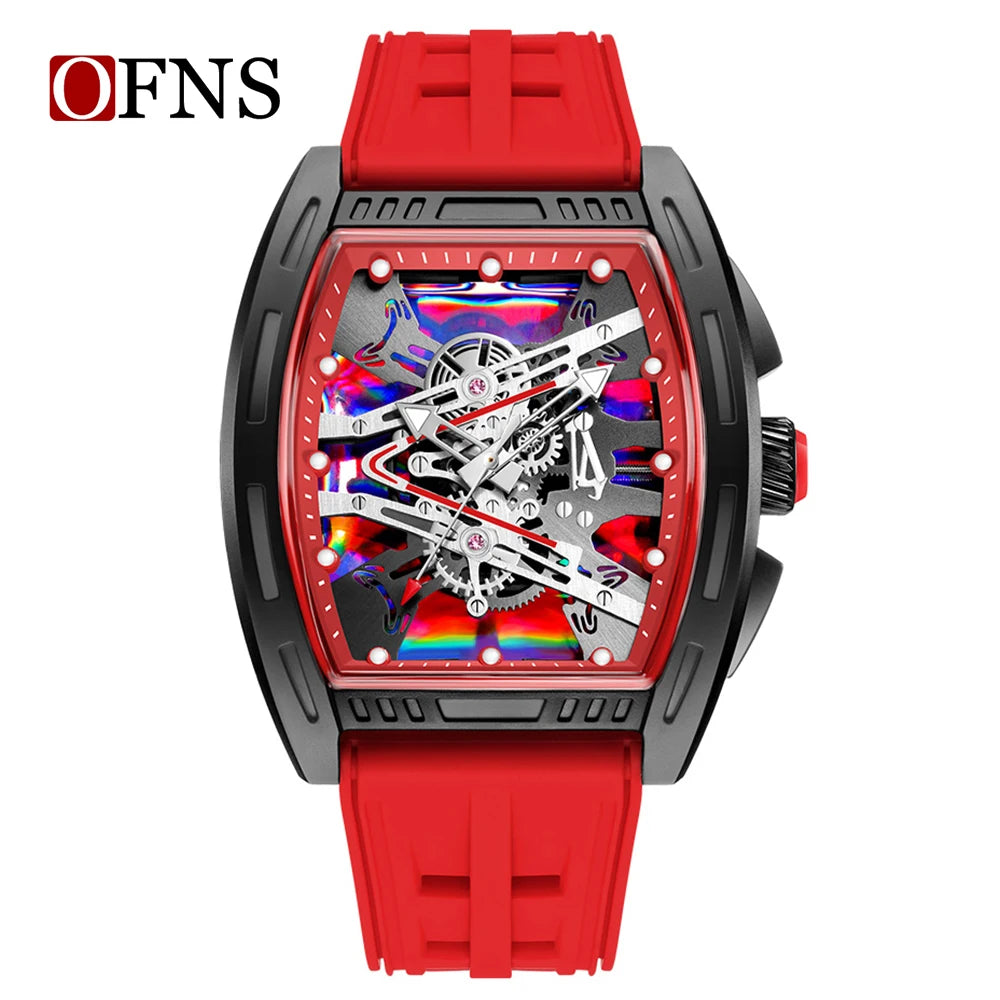 OFNS1209 Luxury Men Quartz Watch Silicone Strap Hollow Watches Mens Waterproof Sports Wristwatches Relogio Masculino