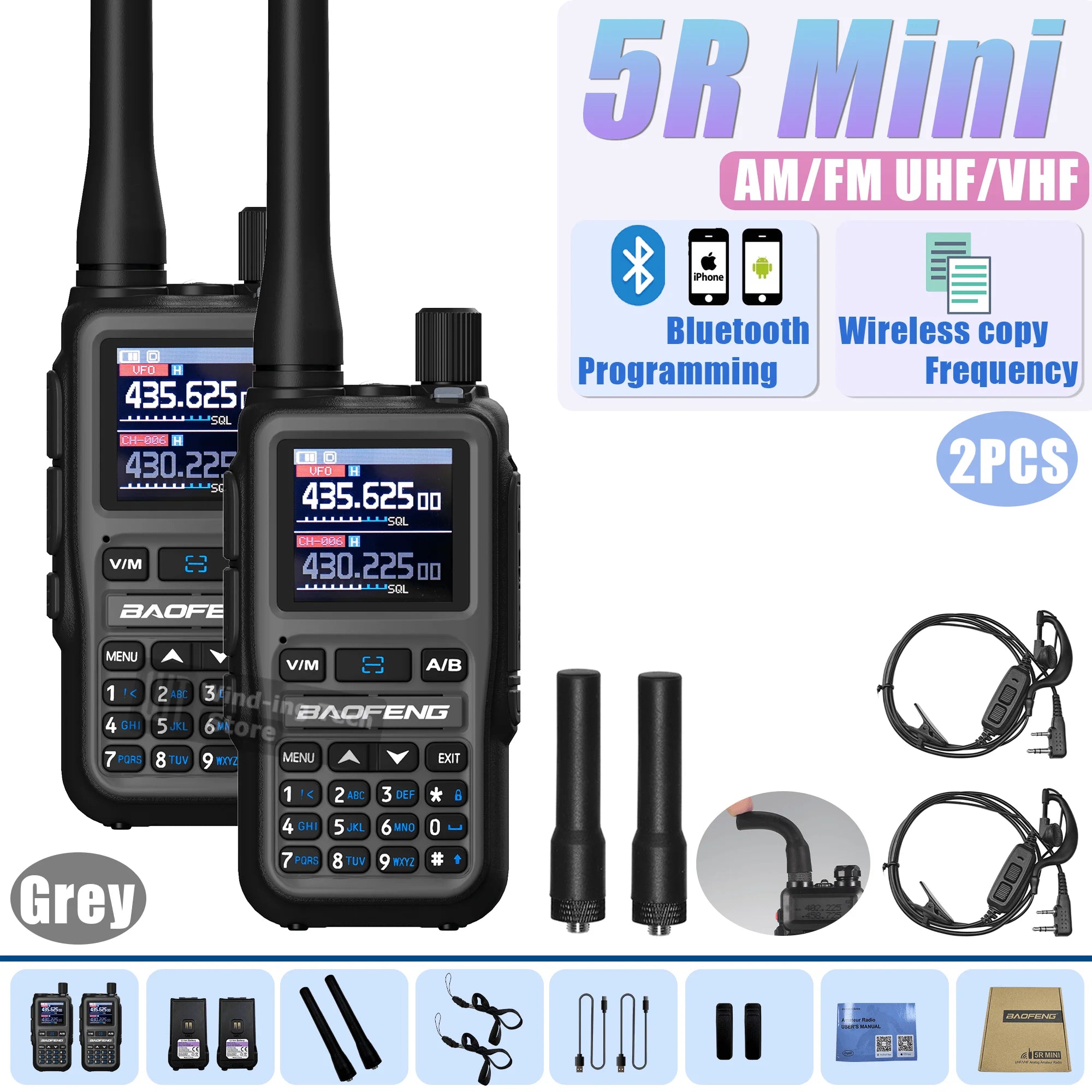Baofeng UV 5R Mini Walkie Talkie Bluetooth Programming Frequency Hopping Type-C Jack Multiple Colors Dual PTT Camping Ham Radios