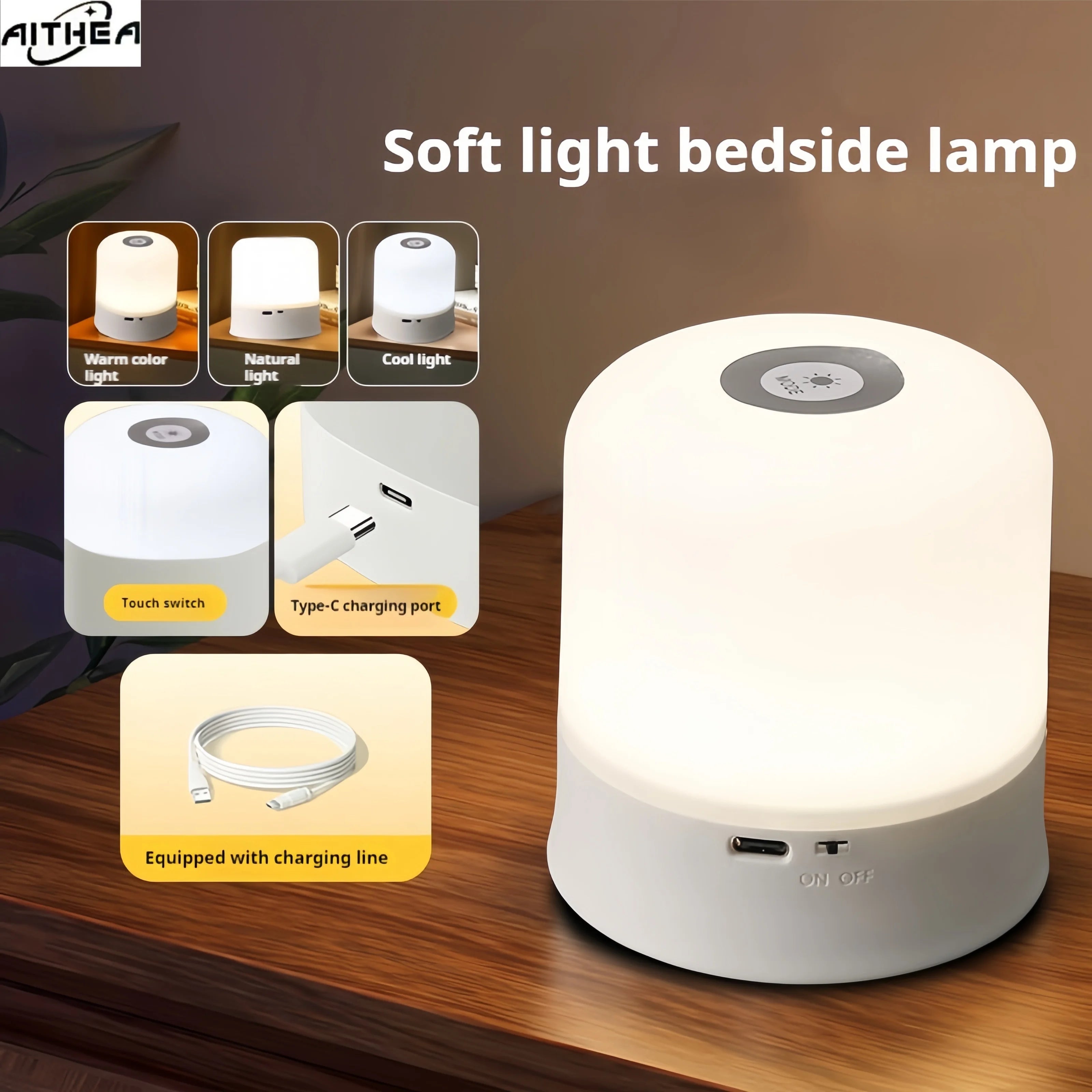 AITHEA Led Night Lights Bedside Dimmable Charging Night Lamps Bedroom Bedside Lighting Decoration Touch Led Reading Table Lamp