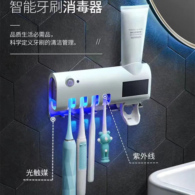 UV Sterilizer Toothbrush Holder Multifunctional Toothpaste Dispenser Wall Mount Smart Toothbrush Storage Box with UV Disinfectio