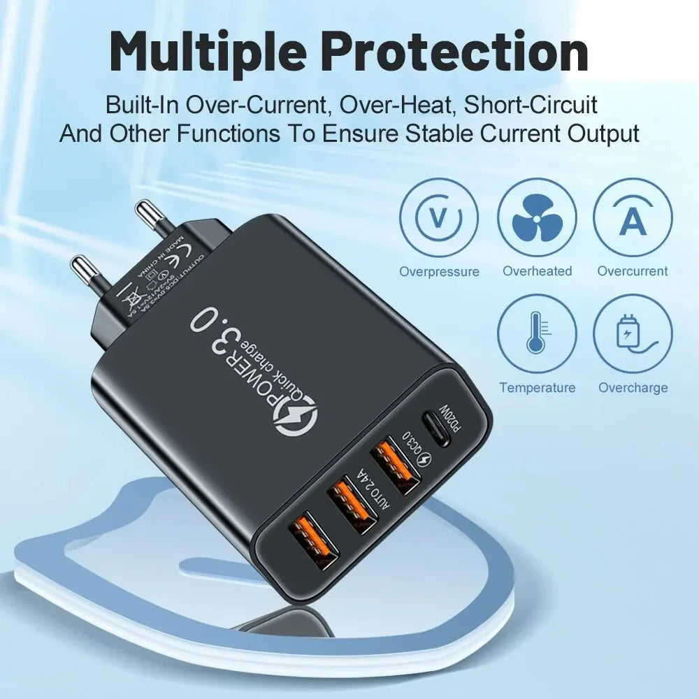 Total 48W Multi-Port USB PD Wall Charger Adapter for Xiaomi iPhone 13/12 Samsung Mobile Phone Plug-In Charging