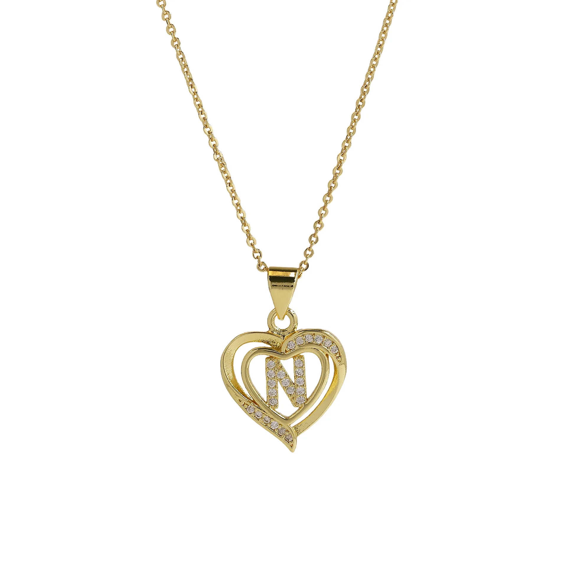 A-Z English Letter Initial Necklace Gold Color Plated Necklace Micro Setting Zircon Heart Necklace for Women