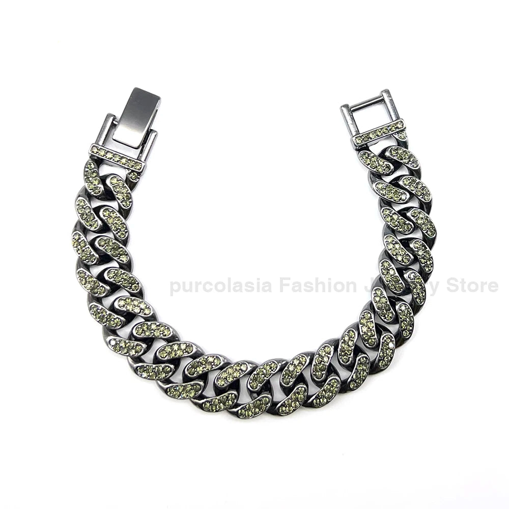 14mm Black Grey Bracelet Hip Hop Men Women Cuban Chain Bling Iced Out Rhinestones Paved Miami Necklace Jewelry