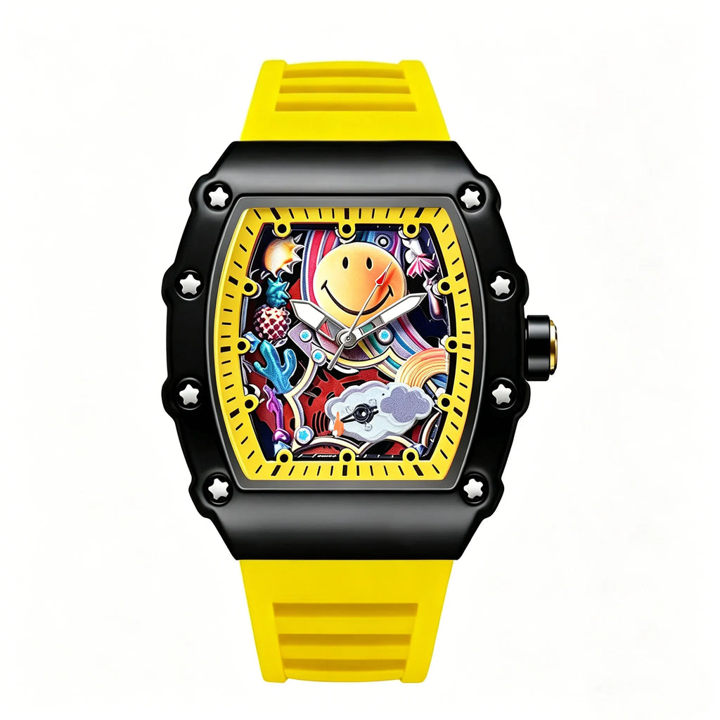 Hip Hop Smiley Face Graffiti Quartz Watch Unique Tonneau Case Colorful Dial Sport Silicone Band Casual Wristwatch for Men Women