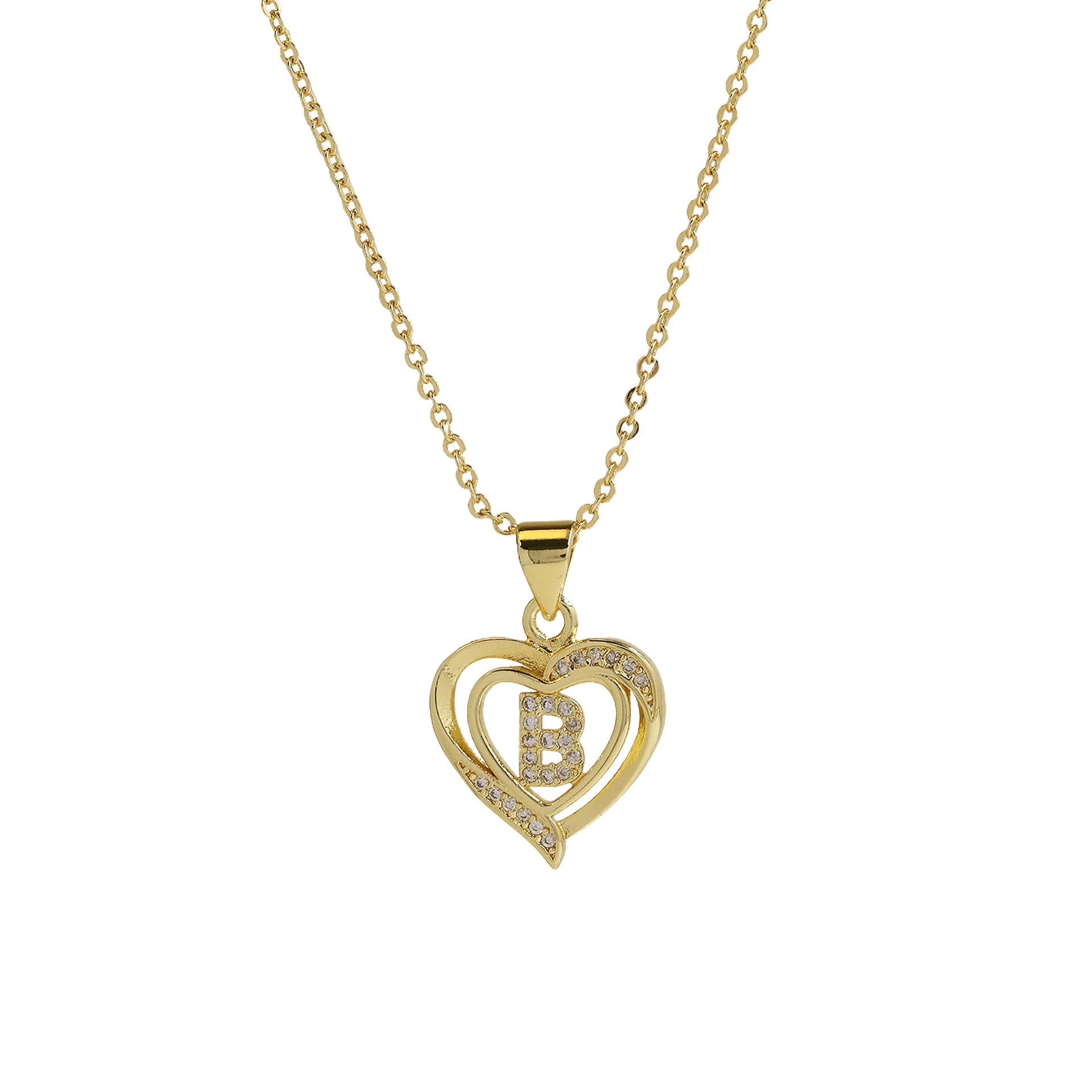 A-Z English Letter Initial Necklace Gold Color Plated Necklace Micro Setting Zircon Heart Necklace for Women