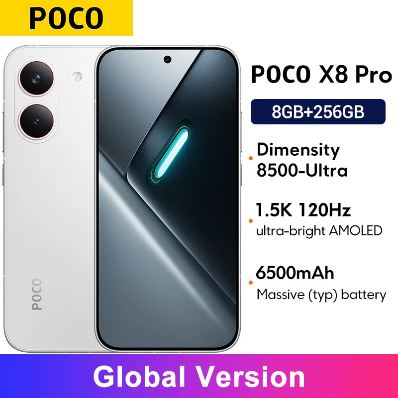 POCO X8 Pro Global Version battery 6.59" 1.5K Smartphone 120Hz AMOLED display 50MP  Version Dimensity 8500-Ultra 6500mAh