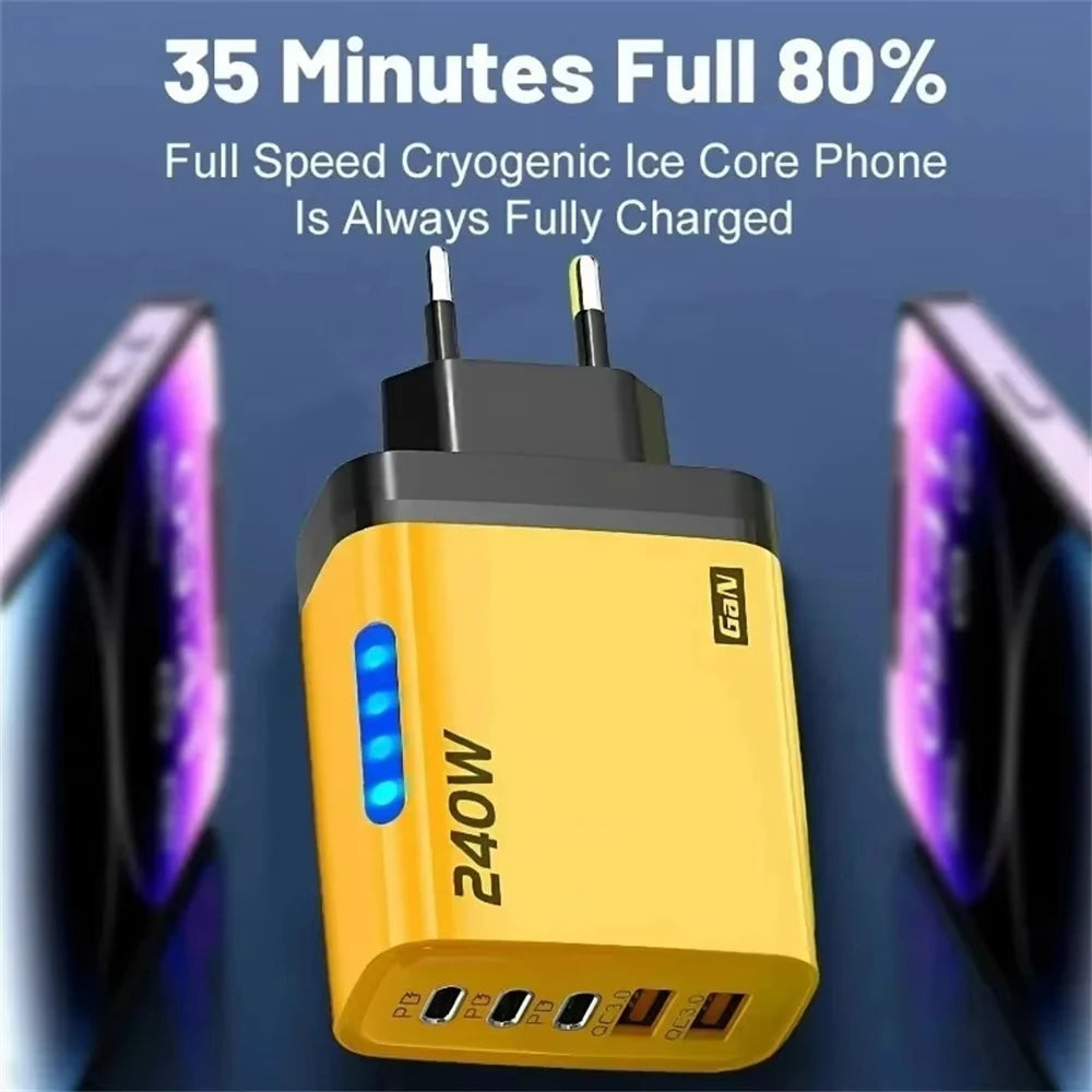 5 in 1 240W GaN Fast Charger With LED Light 2USB+3Type-C Multi Port Phone Charger for iPhone 16 15 pro Samsung Huawei Xiaomi 15