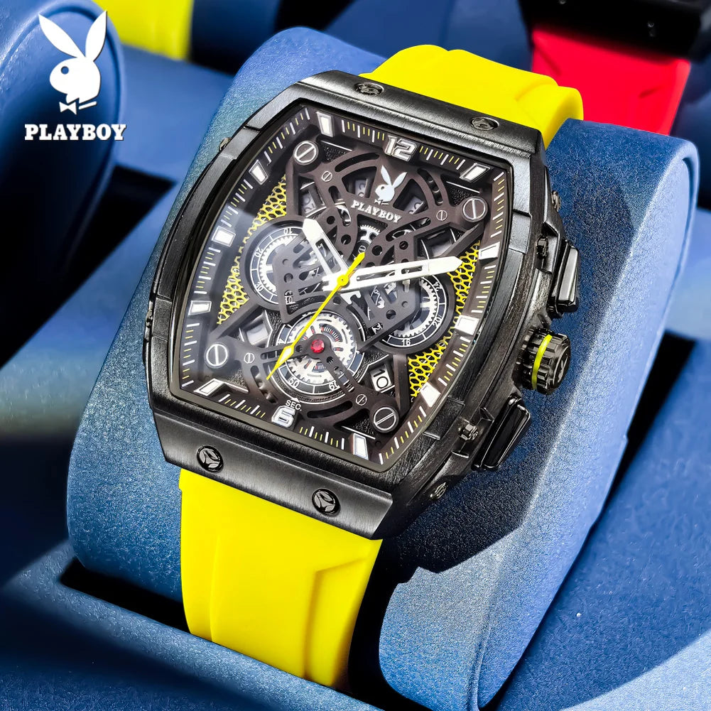 PLAYBOY Watches Man Waterproof Luminous Tonneau Skeleton Quartz Wristwatch Watches For Man Original Business Luxury 3087