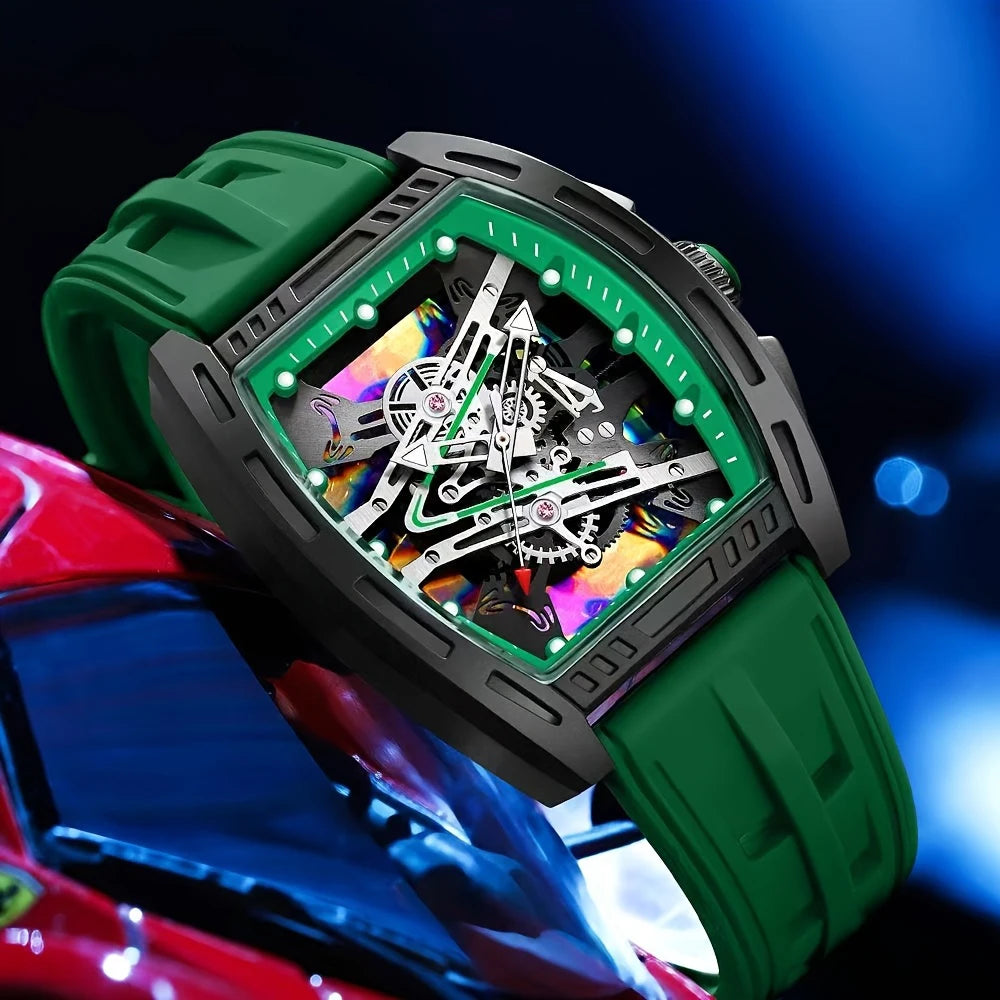 Men's and Women's Youth Barrel-Shaped Hollow Mechanical Quartz Watch, Trendy and Fashionable Colorful Dial, Silicone Strap, Casual Business Quartz Watch