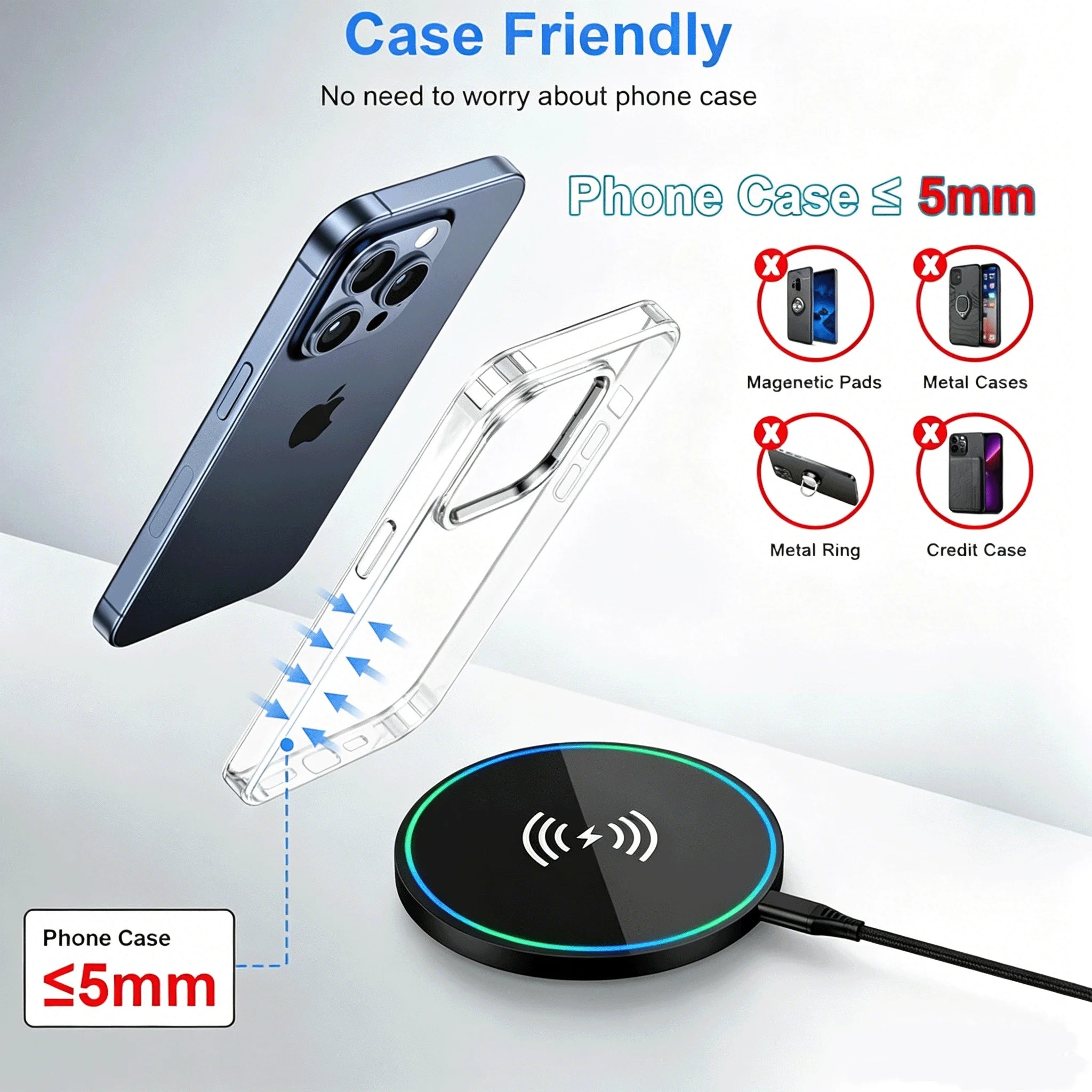 Portable Fast Wireless Charger Pad, Induction Charging Dock Compatible with iPhone, Samsung & AirPods