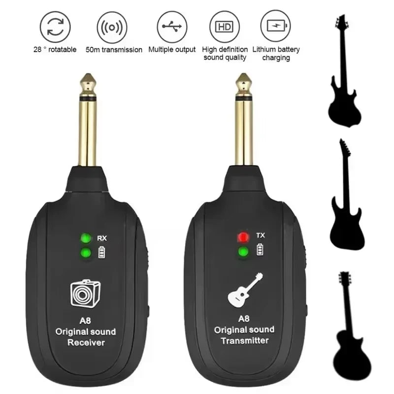A8 Guitar Wireless System - Built-in Rechargeable Transmitter & Receiver for Electric Guitar/Bass