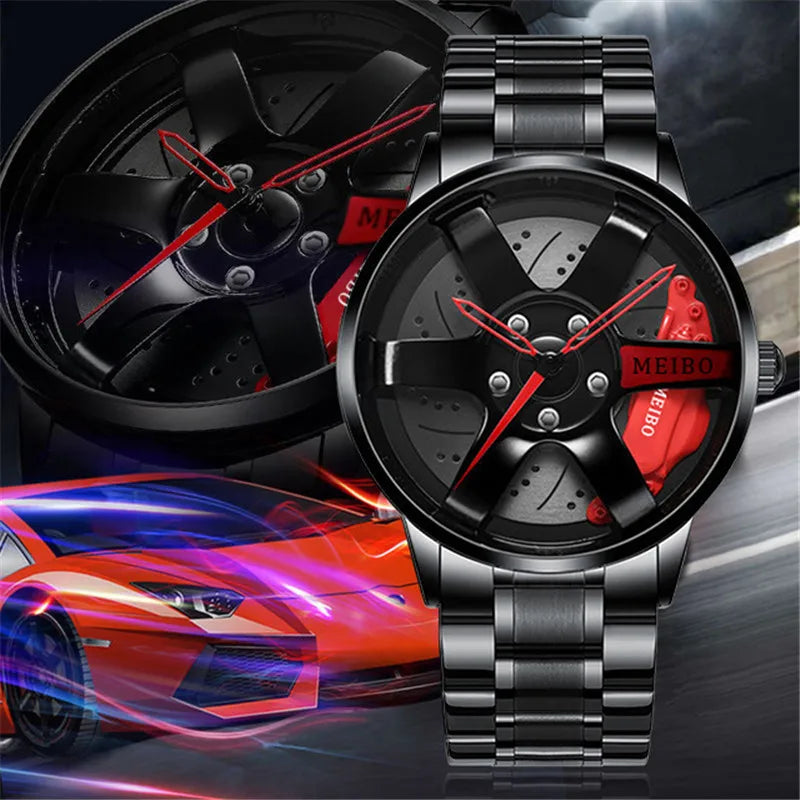 New Fashion Men Leather Watches Men Car Wheel Hub Stainless Steel Quartz Watch For Mens Military Sports Watch Relogio Masculino