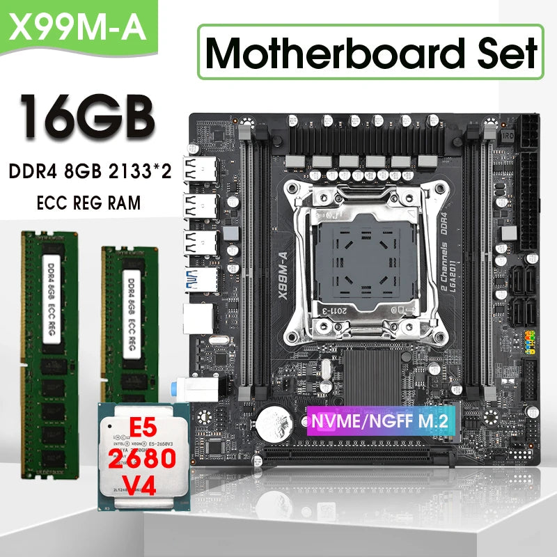 LGA2011-3 Micro atx X99 Motherboard Kit set with 2680 V4 CPU+16GB DDR4 RAM Combo Placa Mae Office Assembly kit xeon USB 3.0 x99