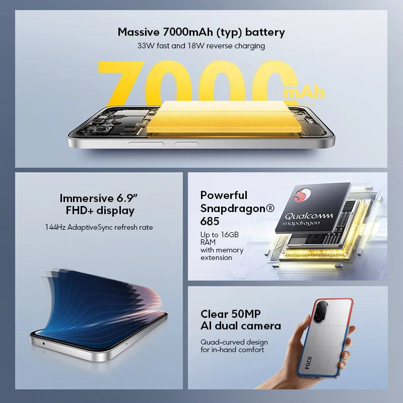 POCO M7 Global Version Smartphone 128GB/256GB Snapdragon® 685 7000mAh battery Immersive 6.9" FHD+ Display 33W Charging 50MP NFC