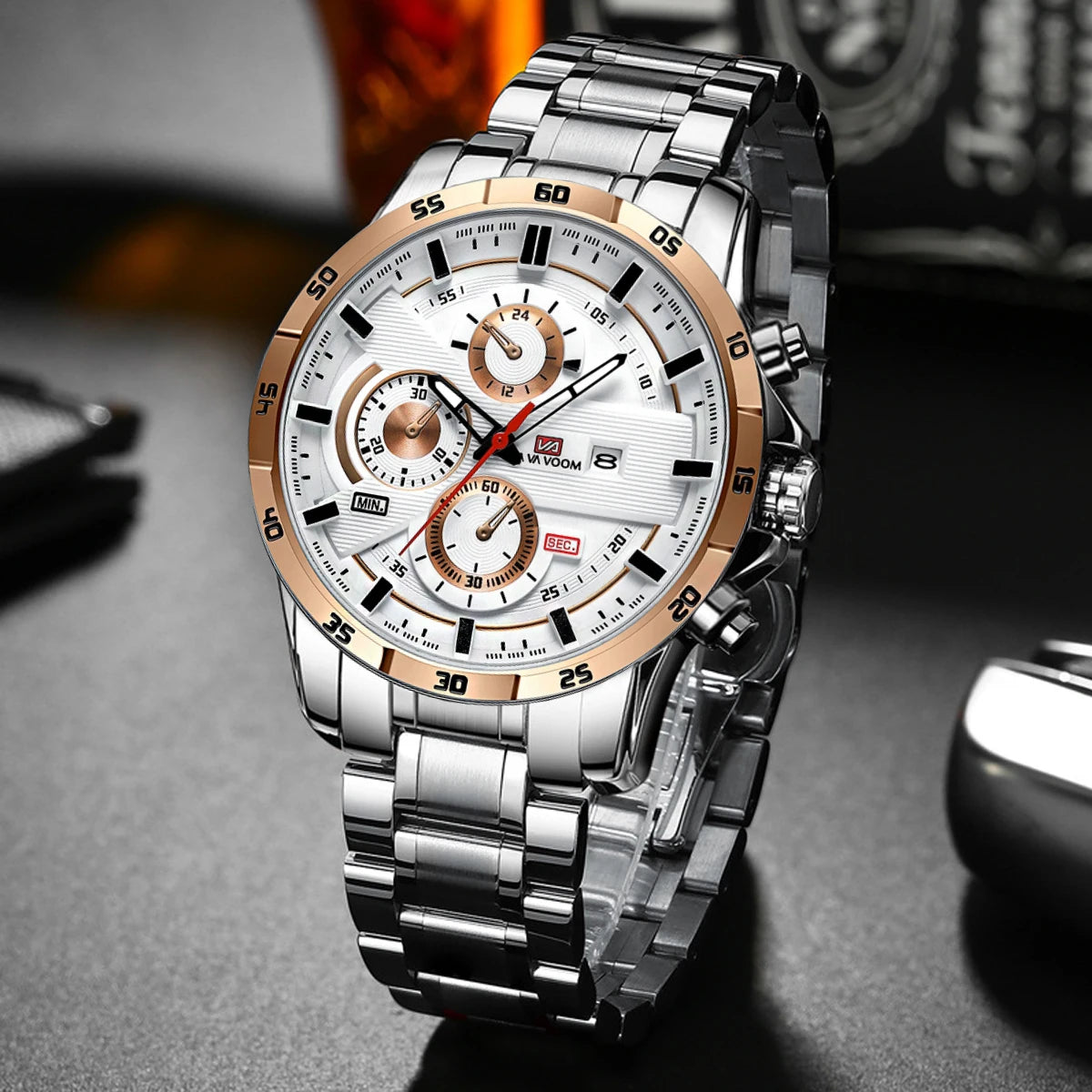Man Sports Watches Fashion Racing Series 46mm Black Leather Clock VA VA VOOM Quartz Movement 3Bar Waterproof Wrist Watch for Men