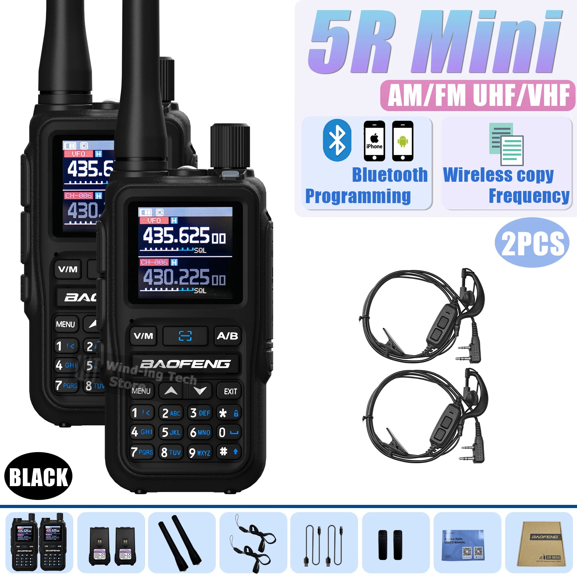 Baofeng UV 5R Mini Walkie Talkie Bluetooth Programming Frequency Hopping Type-C Jack Multiple Colors Dual PTT Camping Ham Radios