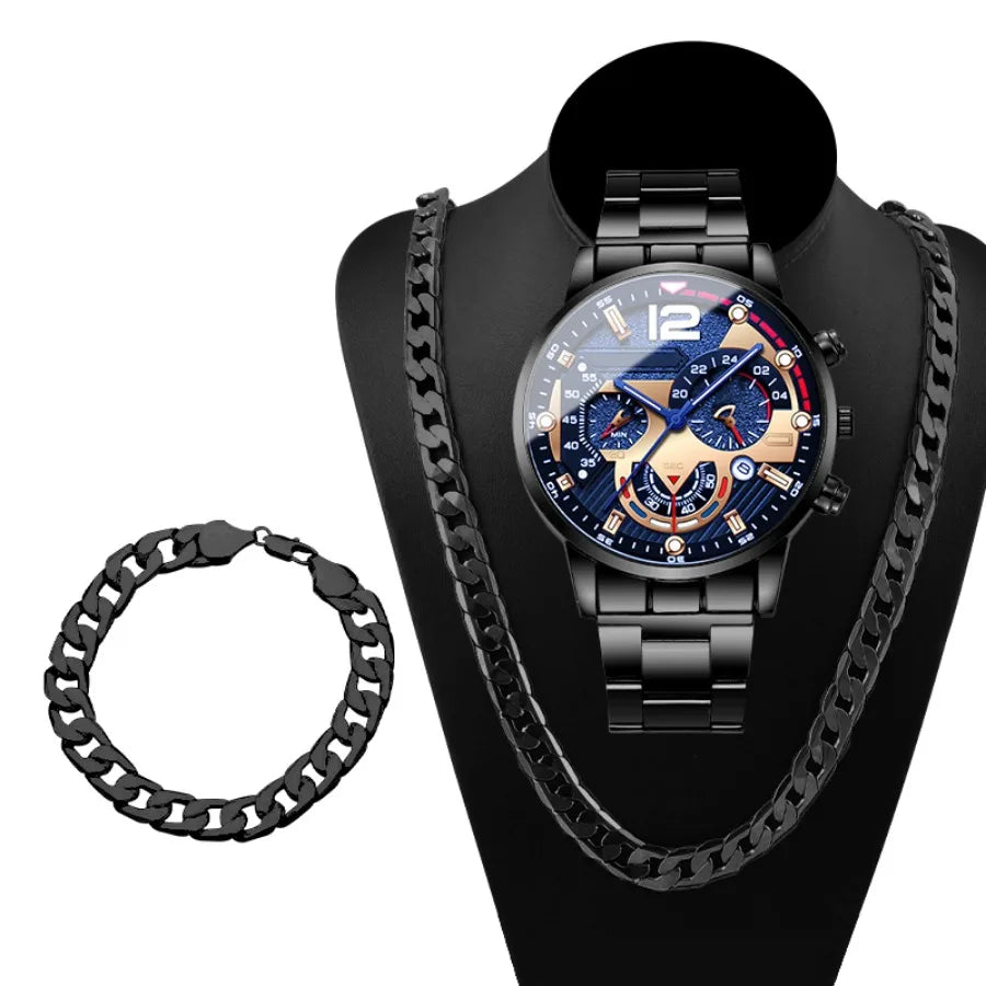 3PCS Fashion Men Business Watches Bracelet Necklace Set Luxury Steel Band Male's Analog Quartz Watch Reloj Hombre（Without Box）