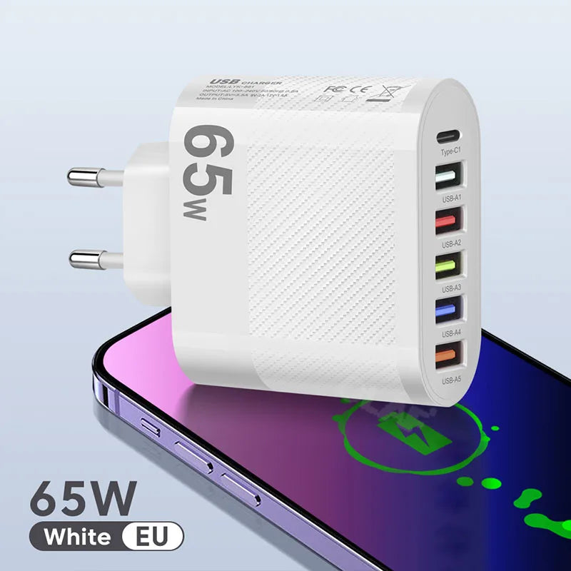 65W USB Charger 6 Ports Fast Charging PD Type C Charger Adpapter For iPhone Xiaomi Huawei Samsung QC 3.0 Fast Charge PD Charger