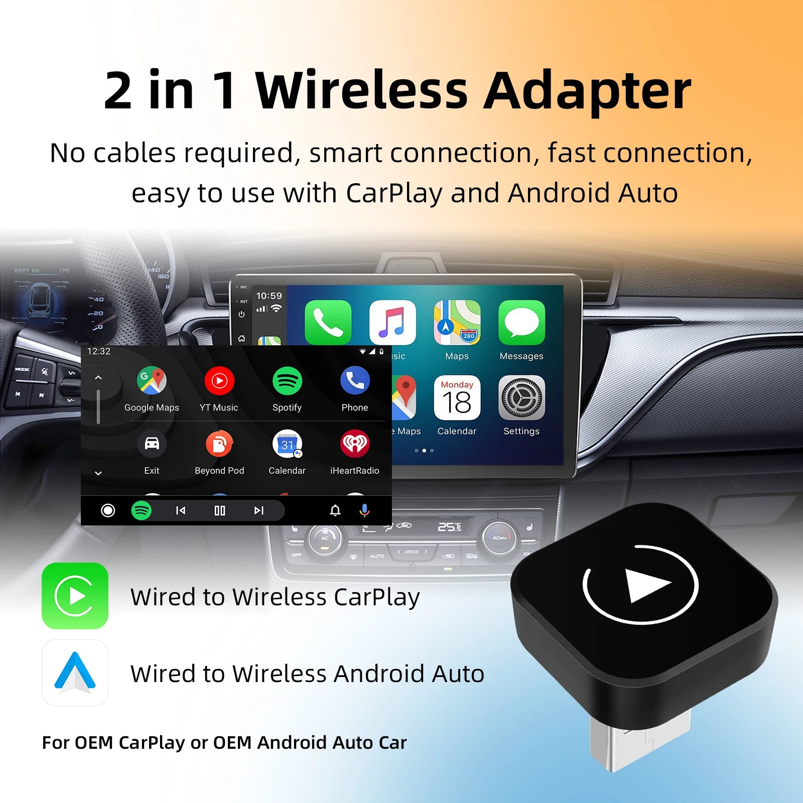 Universal 2in1 Wireless CarPlay Android Auto Adapter Smart Mini Box for Factory Wired Car, Plug And Play WiFi Fast Connect