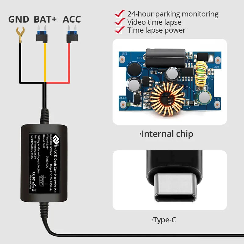 E-ACE 3.5 Meters Buck Line Mini USB Type-C Car Charger Wire Kit For Dash Cam Reaview Mirror 24H Parking Monitoring