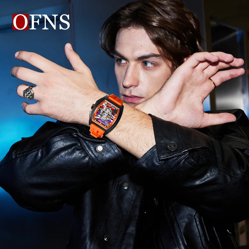 OFNS1209 Luxury Men Quartz Watch Silicone Strap Hollow Watches Mens Waterproof Sports Wristwatches Relogio Masculino