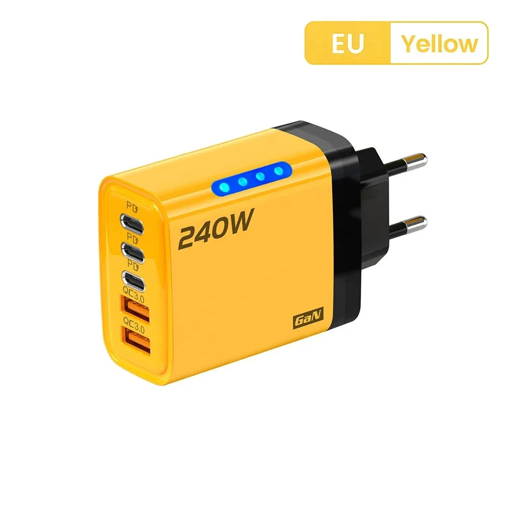 5 in 1 240W GaN Fast Charger With LED Light 2USB+3Type-C Multi Port Phone Charger for iPhone 16 15 pro Samsung Huawei Xiaomi 15