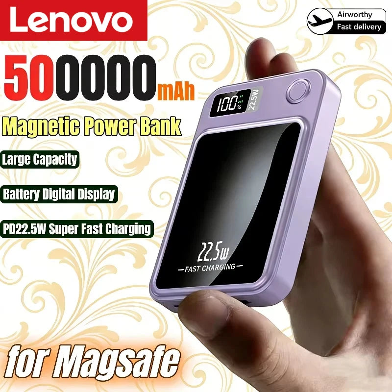Lenovo Magnetic Wireless Power Bank 500000mAh PD22.5W Large Capacity Fast Charging External Battery For iPhone Huawei Samsung