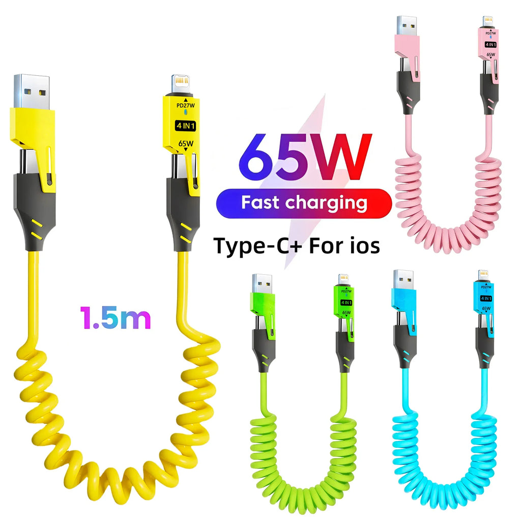65W 4 in 1 Spring Short Data Cable 6A USB Type C Spring Telescopic Quick Charger Wire Spring USB Cable for iPhone iPad MacBook