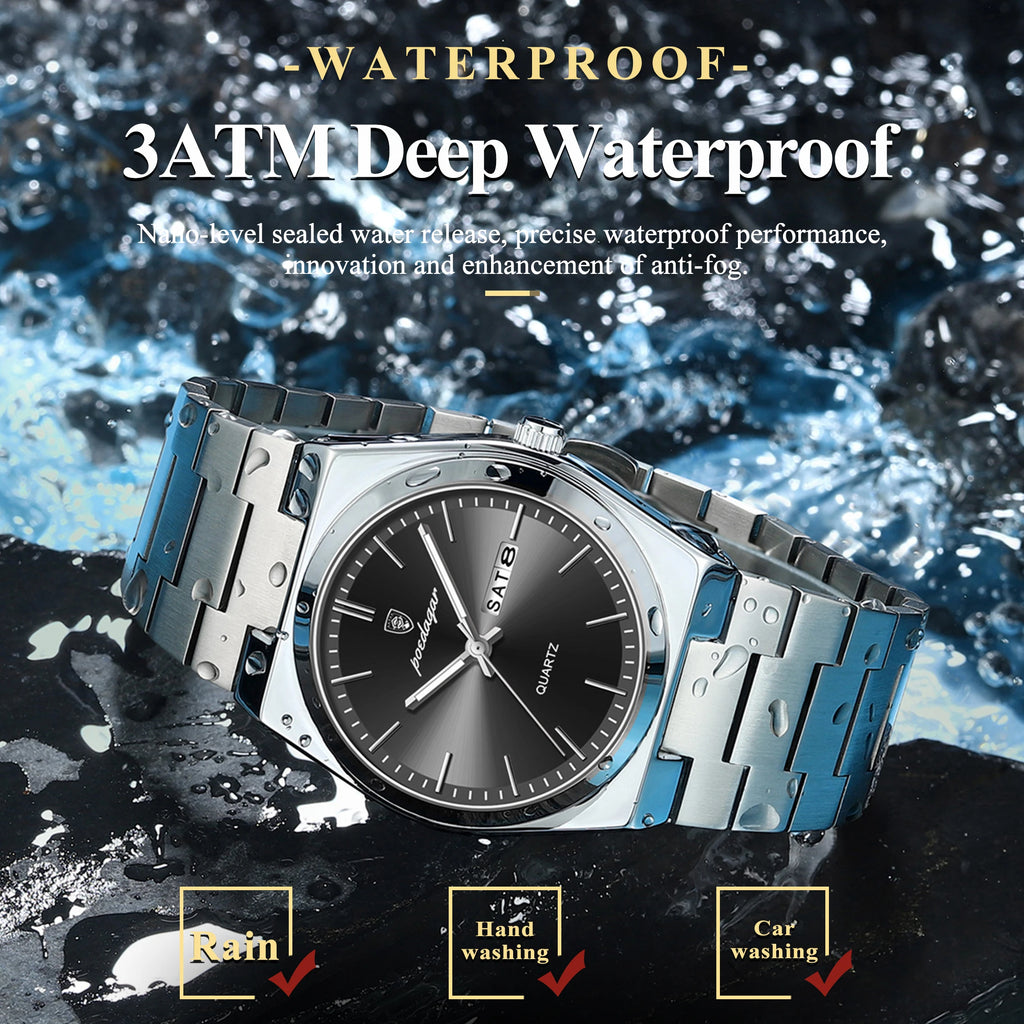 POEDAGAR Luxury Men's Quartz Wristwatch Waterproof Luminous Date Week Man Watch Stainless Steel Business Fashion Watches For Men