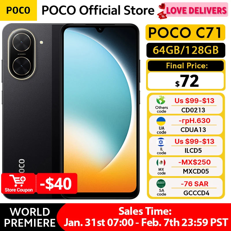 Global Version POCO C71 Smartphone UNISOC T7250 Processor Immersive 6.88" Display 32MP Al Dual Camera 15W Charging 5200mAh