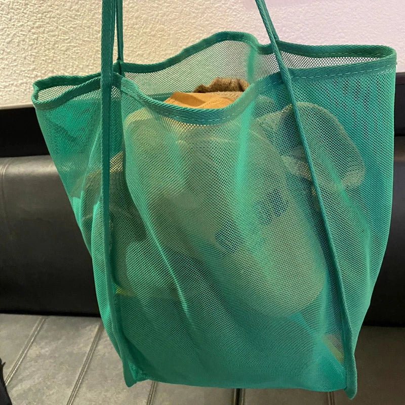 Protable Mesh Bag Large Capacity Reusable Storage Bags Swimming Beach Bag Women Makeup Organizer Shopping Handbag