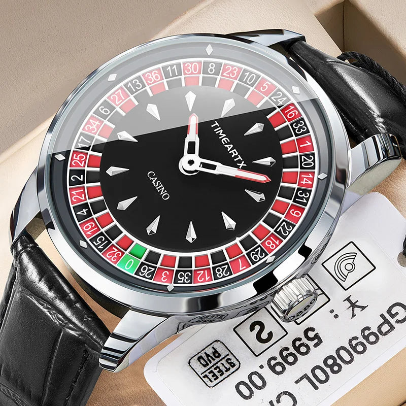 TIMEARTX Men's Trendy Watch European Roulette Poker Game Style Quartz Movement Genuine Leather Luxury Watch