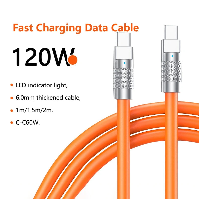 New 120w 6A Super Fast Charge PD Type C Liquid Silicone Cable Quick Charge 1M 1.5M 2M Usb Cable Usb C to C Charger Cable