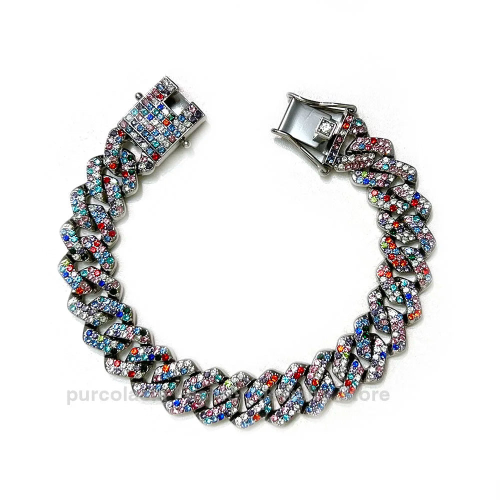 14mm Black Grey Bracelet Hip Hop Men Women Cuban Chain Bling Iced Out Rhinestones Paved Miami Necklace Jewelry