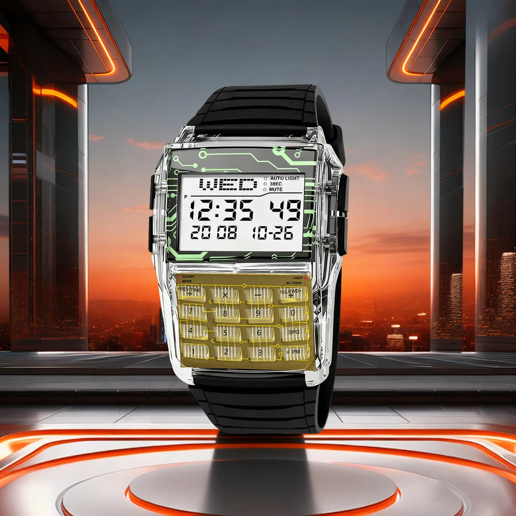 Transparent Case Plastic Watch Men Multifunction Calculator Watch Luminous LED Watch Top Luxury Men Watch Computer Style