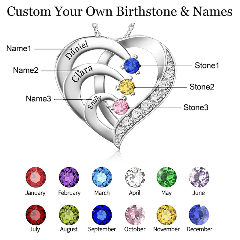 Personalized Name Necklace with Birthstones Custom Promise Necklace Heart Pendant with Engraved Names Christmas Jewelry Gifts