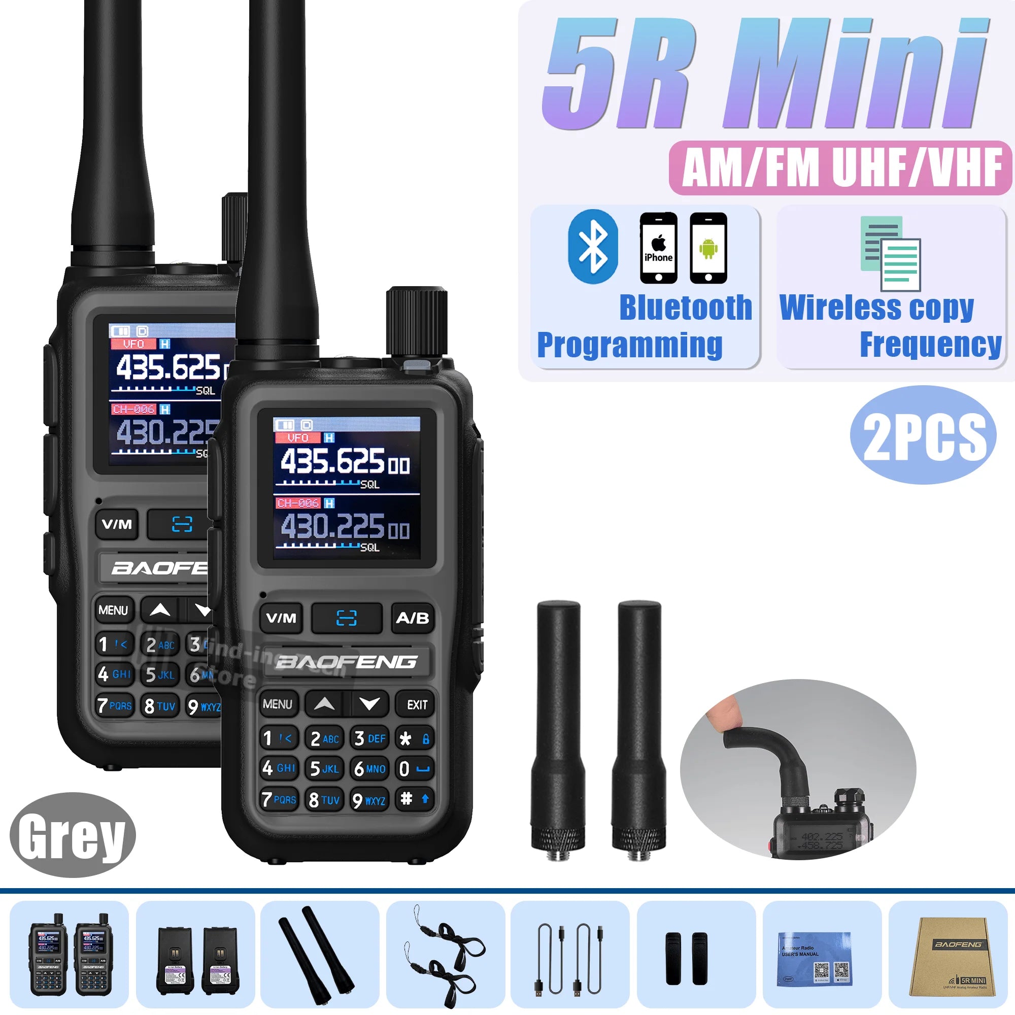 Baofeng UV 5R Mini Walkie Talkie Bluetooth Programming Frequency Hopping Type-C Jack Multiple Colors Dual PTT Camping Ham Radios