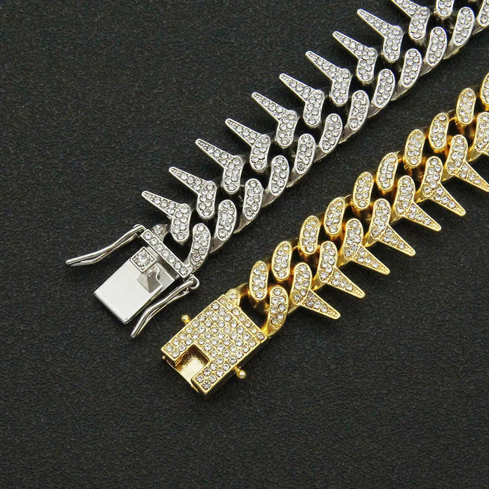 20mm Gothic Thorns Flash Full Rhinestone Miami Cuban Chain Luxury Fashion Men's Necklace For Women Hip Hop Cool Bracelet Jewelry