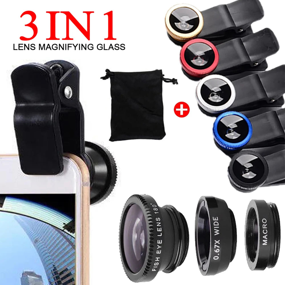 3 in 1 Lens Magnifying Glass 0.67X Wide Angle Fisheye Phone Lens Micro Camera Len Universal Kit With Phone Clip For Smartphones