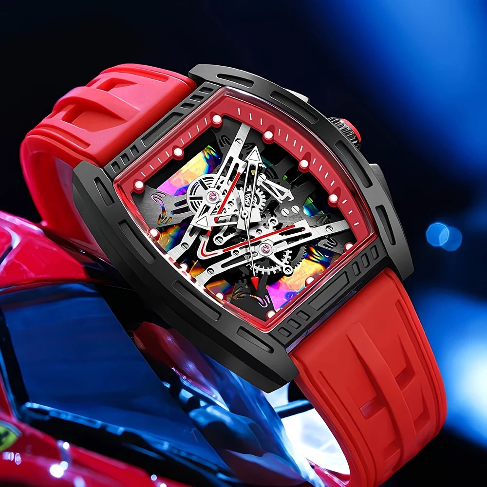 Men's and Women's Youth Barrel-Shaped Hollow Mechanical Quartz Watch, Trendy and Fashionable Colorful Dial, Silicone Strap, Casual Business Quartz Watch