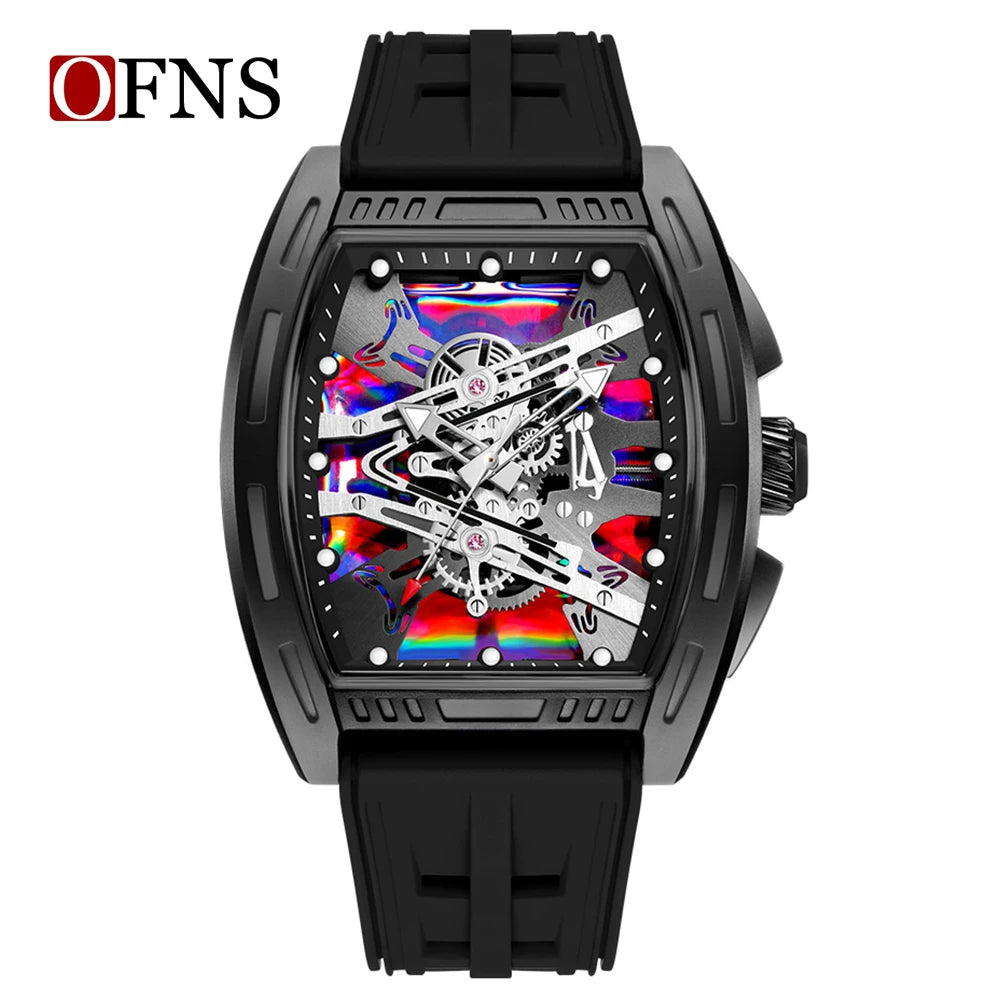 OFNS1209 Luxury Men Quartz Watch Silicone Strap Hollow Watches Mens Waterproof Sports Wristwatches Relogio Masculino
