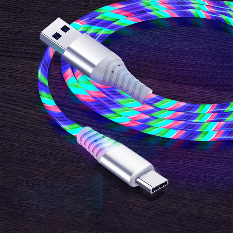 3A Glowing Cable Flowing LED light Micro USB Type C Cables For Samsung iPhone 13 Xiaomi Huawei Mobile Phone Charging Wire Cord
