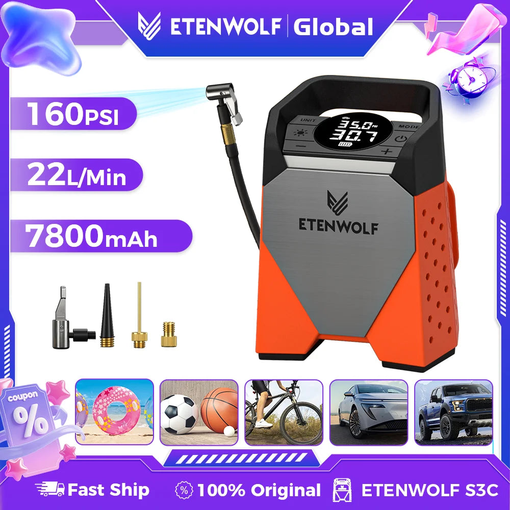ETENWOLF ZEPHYR S3C Portable Air Compressor 100% Duty Cycle Car Tire Inflator 7800mAh for Cars, Motorcycles, Bicycles Balls