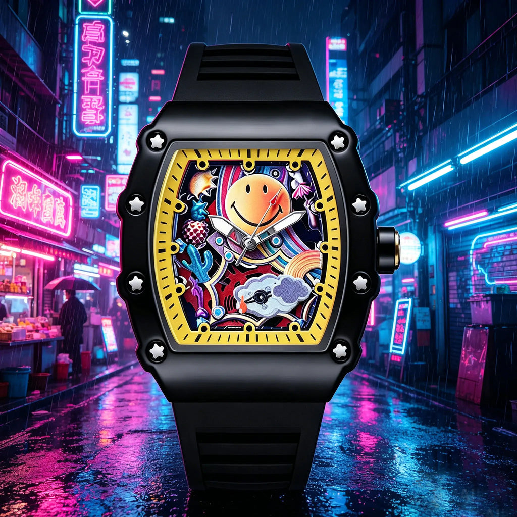 Hip Hop Smiley Face Graffiti Quartz Watch Unique Tonneau Case Colorful Dial Sport Silicone Band Casual Wristwatch for Men Women