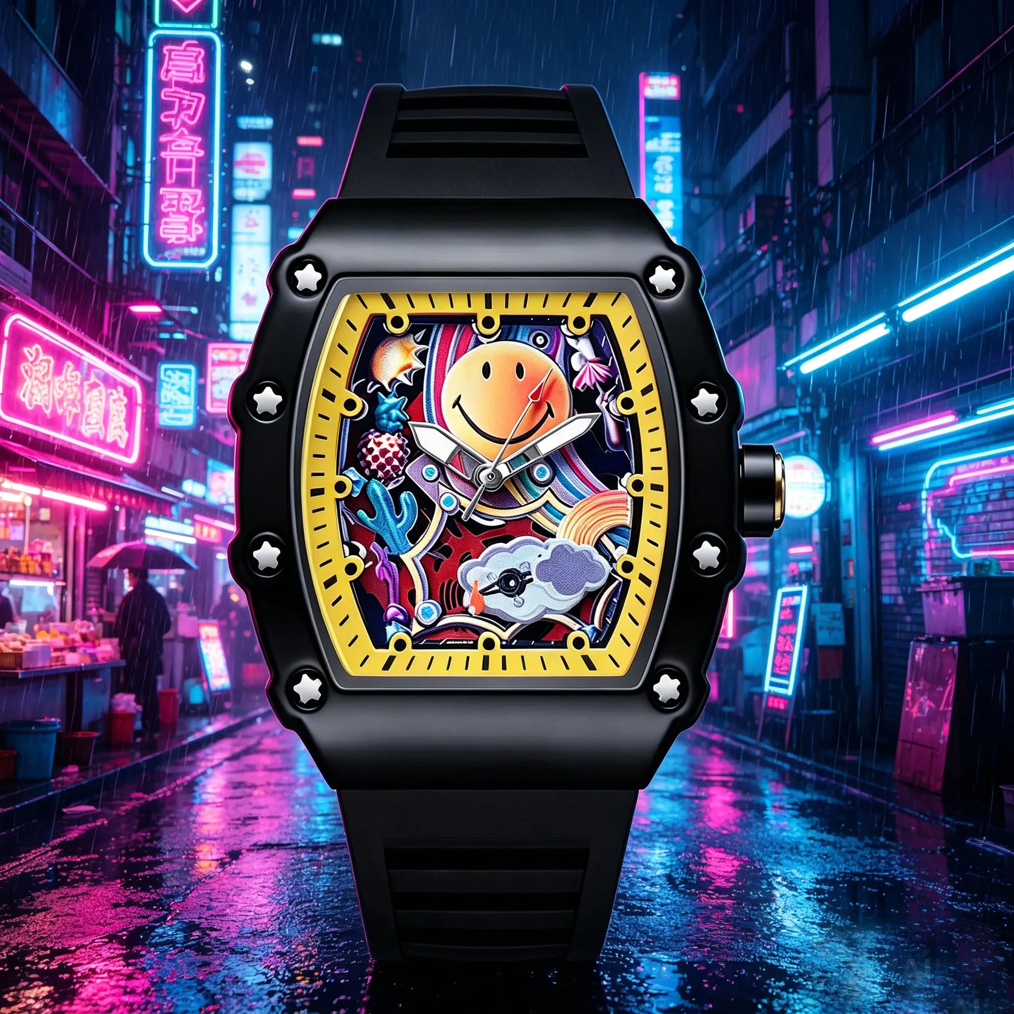 Hip Hop Smiley Face Graffiti Quartz Watch Unique Tonneau Case Colorful Dial Sport Silicone Band Casual Wristwatch for Men Women