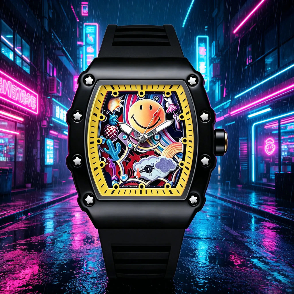Graffiti Art Smile Face Watch Unique Barrel Shaped Quartz Wristwatch Waterproof Hip Hop Style Silicone Band Clock for Unisex